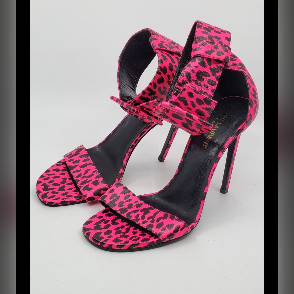 YSL Pink Leopard Heeled Sandals